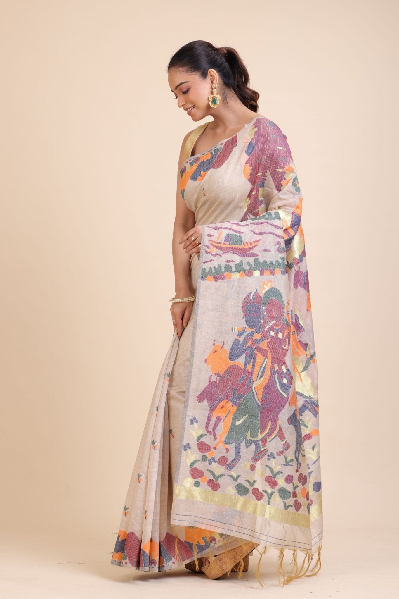Off White Jamdani Handloom Saree - Anvi Couture