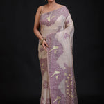 Off White Jamdani Saree With All Over Purple Floral Handwoven Work Full