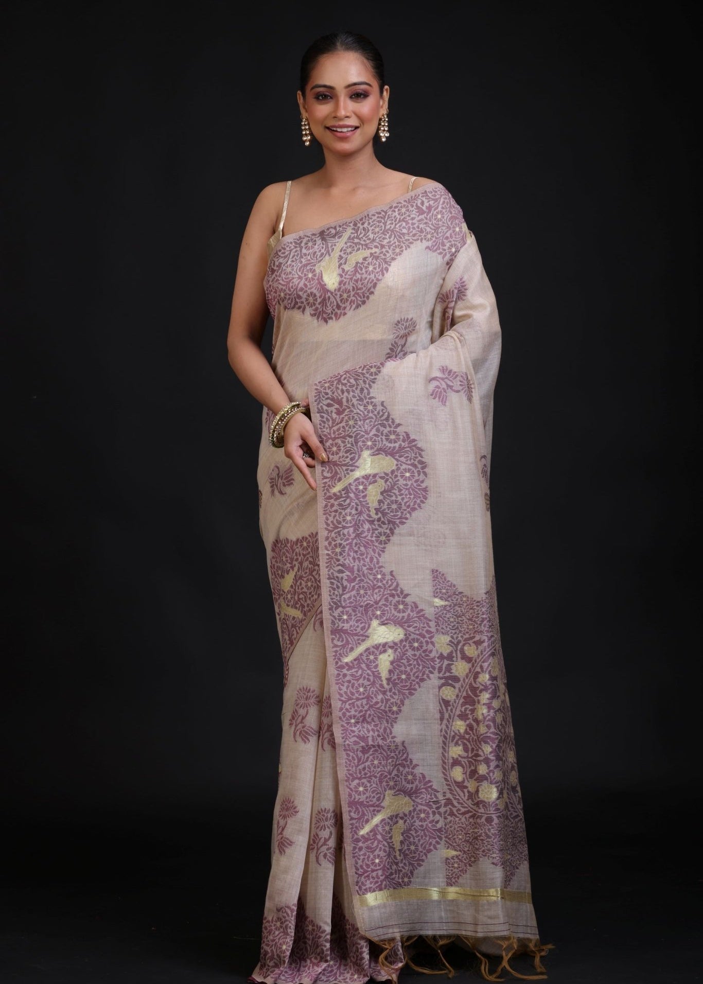 Off White Jamdani Saree With All Over Purple Floral Handwoven Work - Anvi Couture