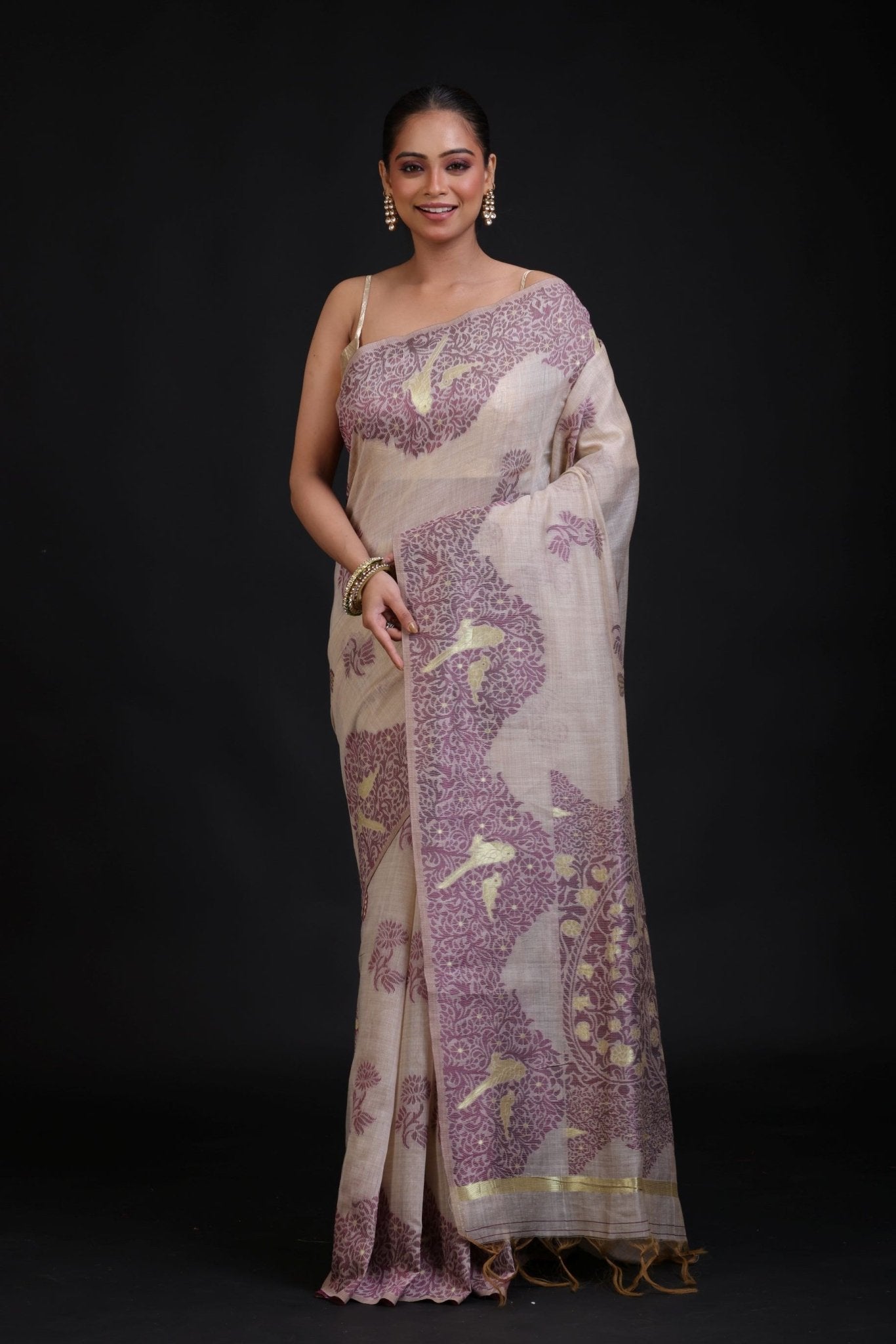 Off White Jamdani Saree With All Over Purple Floral Handwoven Work - Anvi Couture