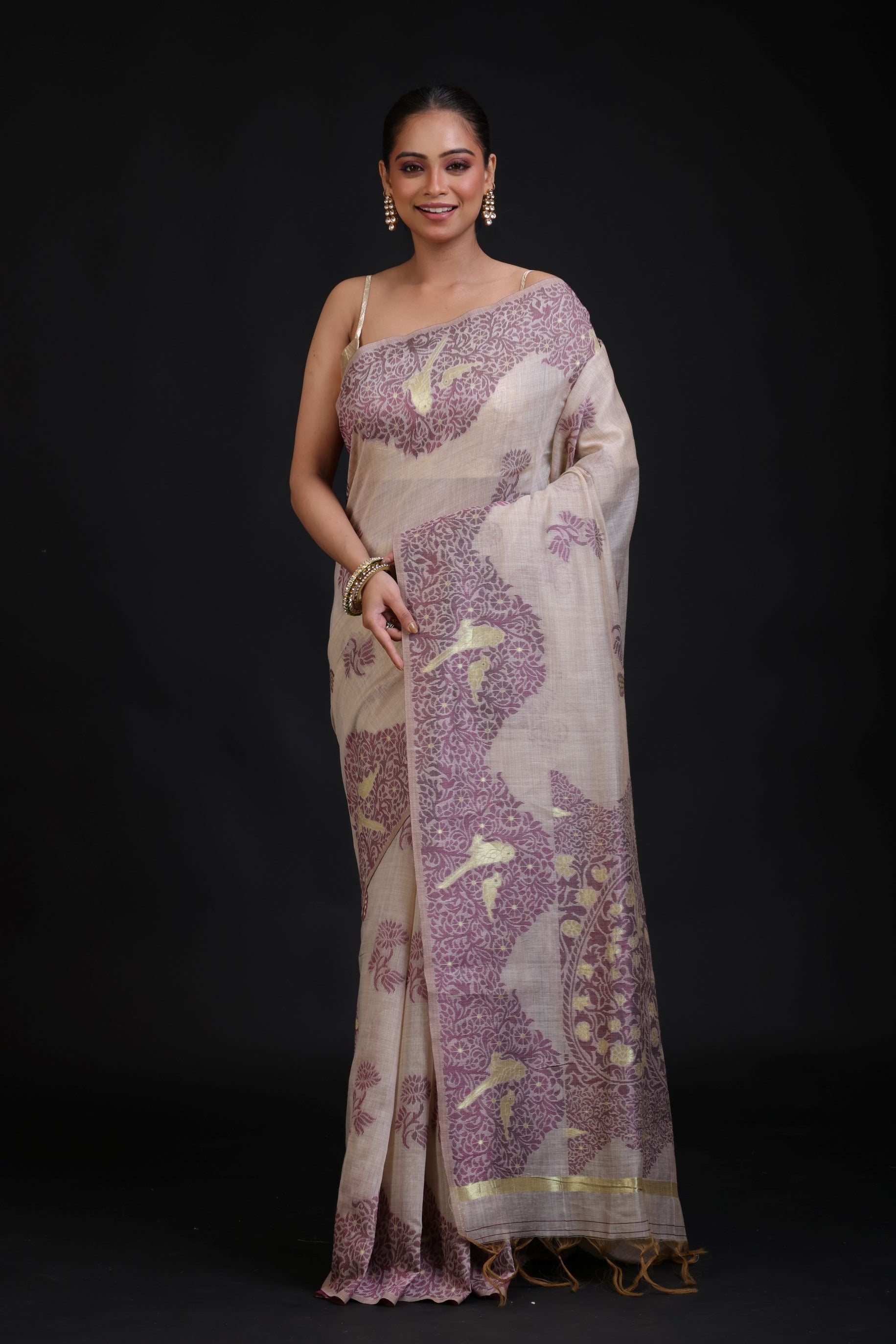 Off White Jamdani Saree With All Over Purple Floral Handwoven Work Full