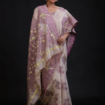 Off White Jamdani Saree With All Over Purple Floral Handwoven Work Front