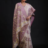 Off White Jamdani Saree With All Over Purple Floral Handwoven Work Front