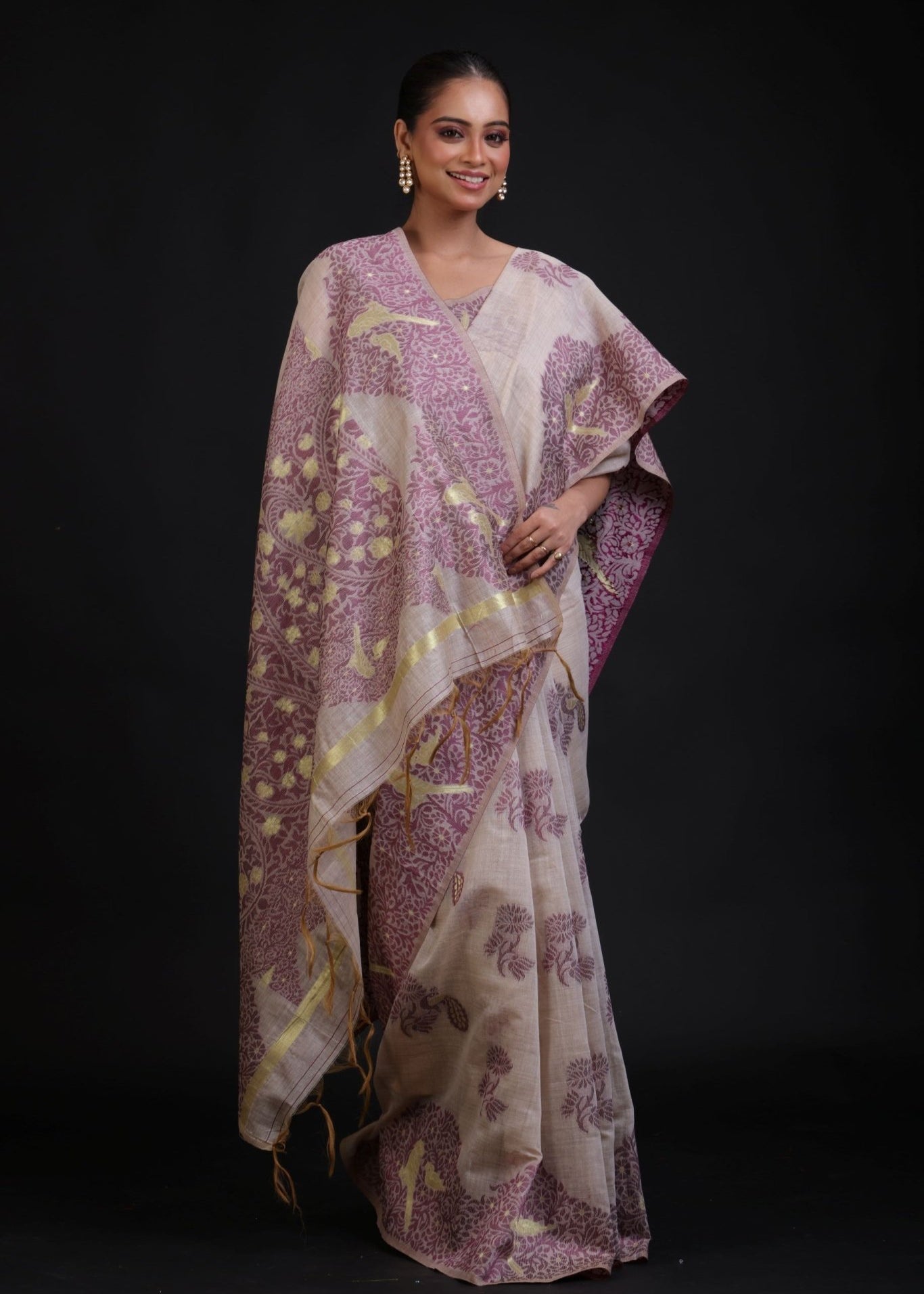 Off White Jamdani Saree With All Over Purple Floral Handwoven Work - Anvi Couture