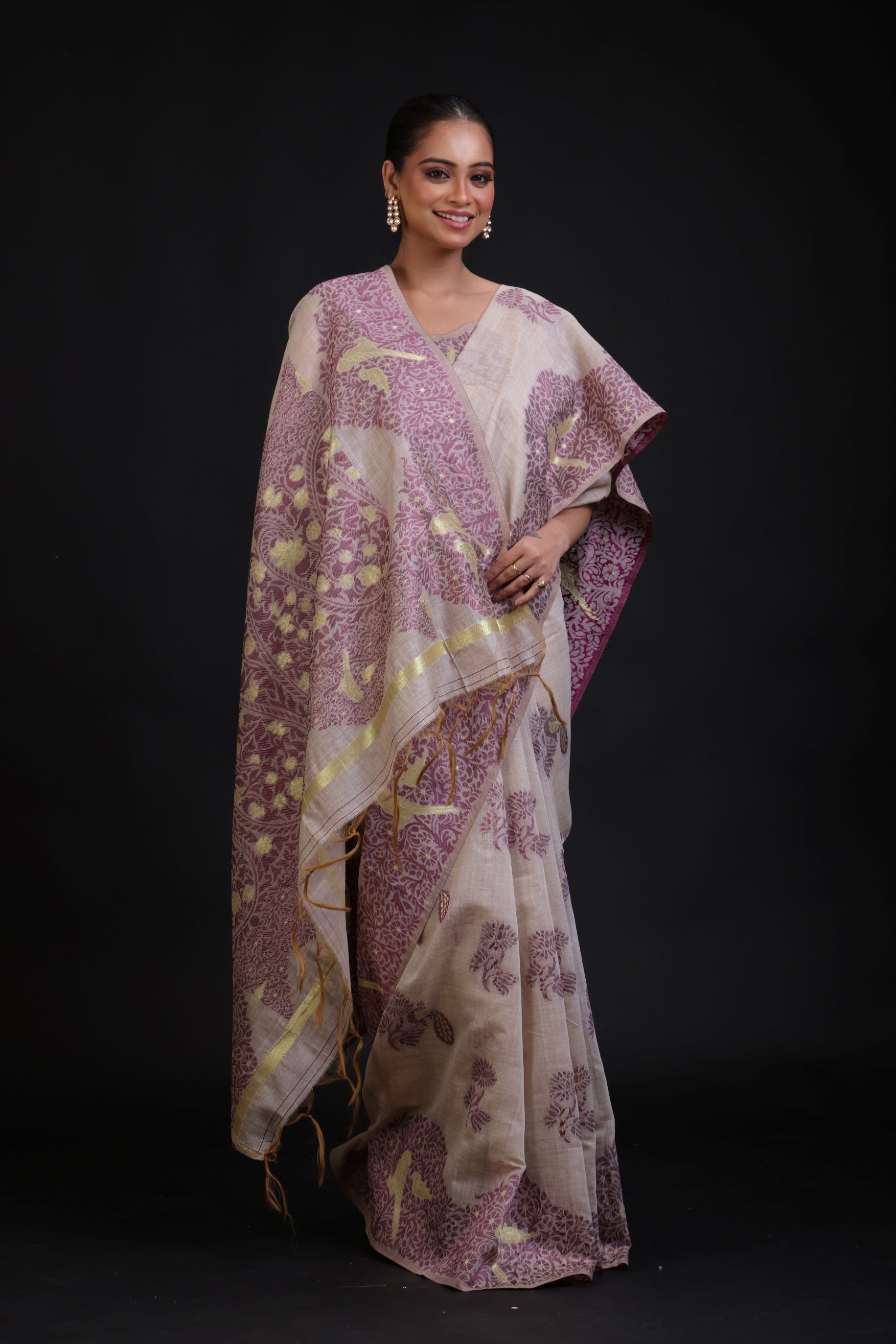 Off White Jamdani Saree With All Over Purple Floral Handwoven Work Front