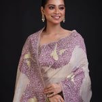 Off White Jamdani Saree With All Over Purple Floral Handwoven Work close up