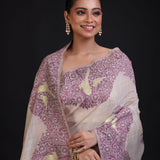 Off White Jamdani Saree With All Over Purple Floral Handwoven Work close up