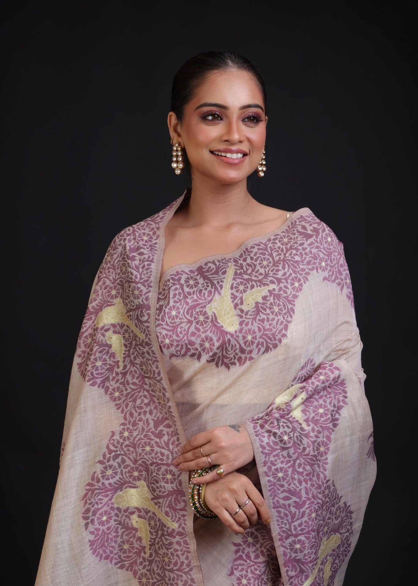 Off White Jamdani Saree With All Over Purple Floral Handwoven Work - Anvi Couture