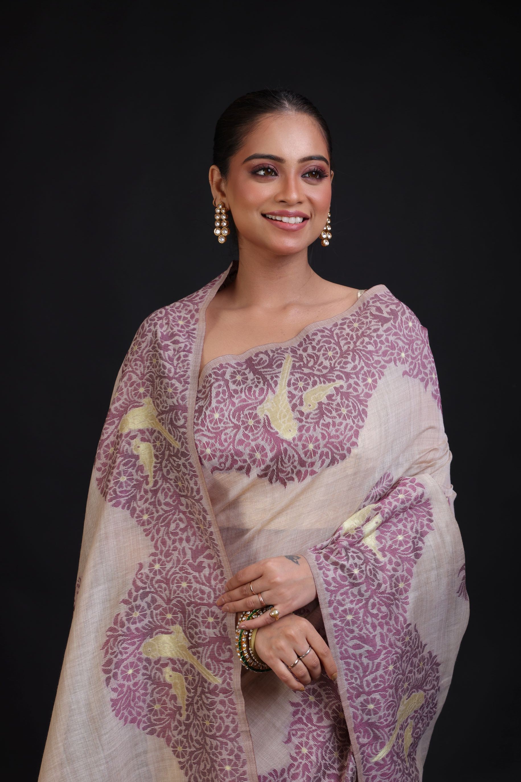 Off White Jamdani Saree With All Over Purple Floral Handwoven Work close up