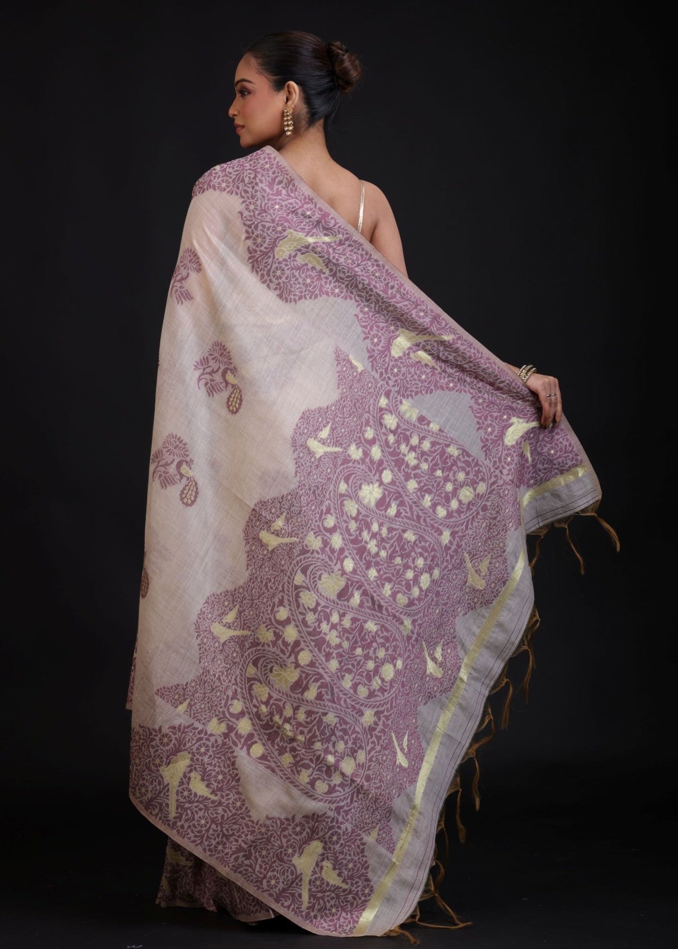 Off White Jamdani Saree With All Over Purple Floral Handwoven Work - Anvi Couture