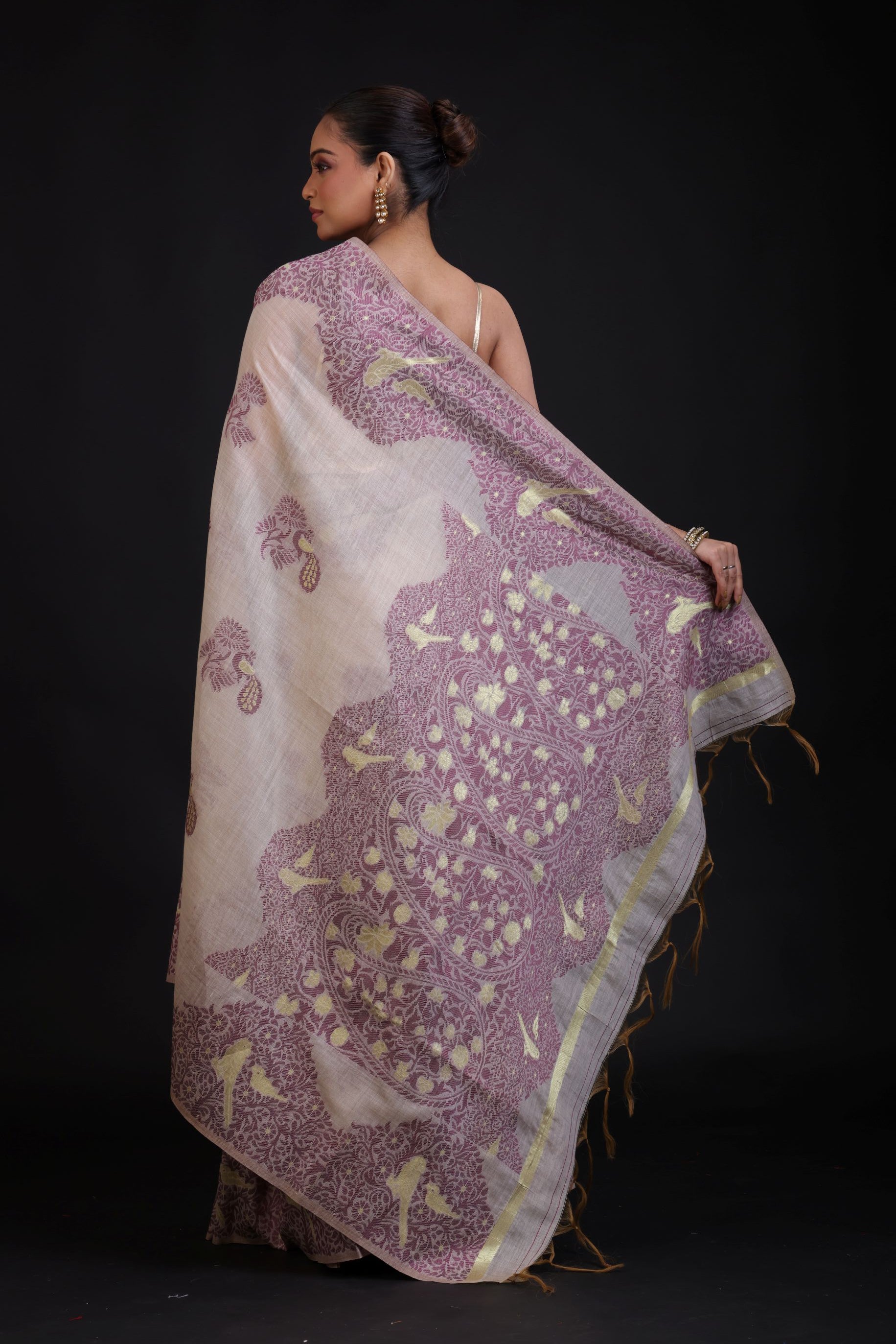 Off White Jamdani Saree With All Over Purple Floral Handwoven Work Back