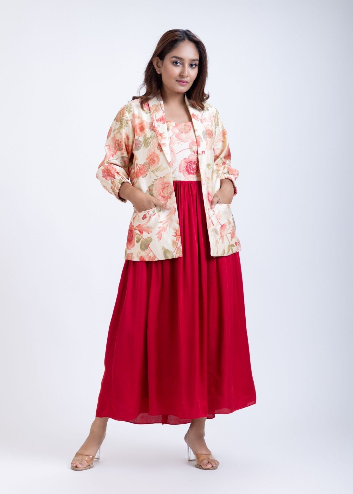Off White & Maroon Printed Jacket Dress - Anvi Couture