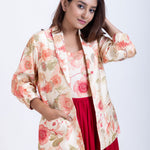 Off White & Maroon Printed Jacket Dress Close Up
