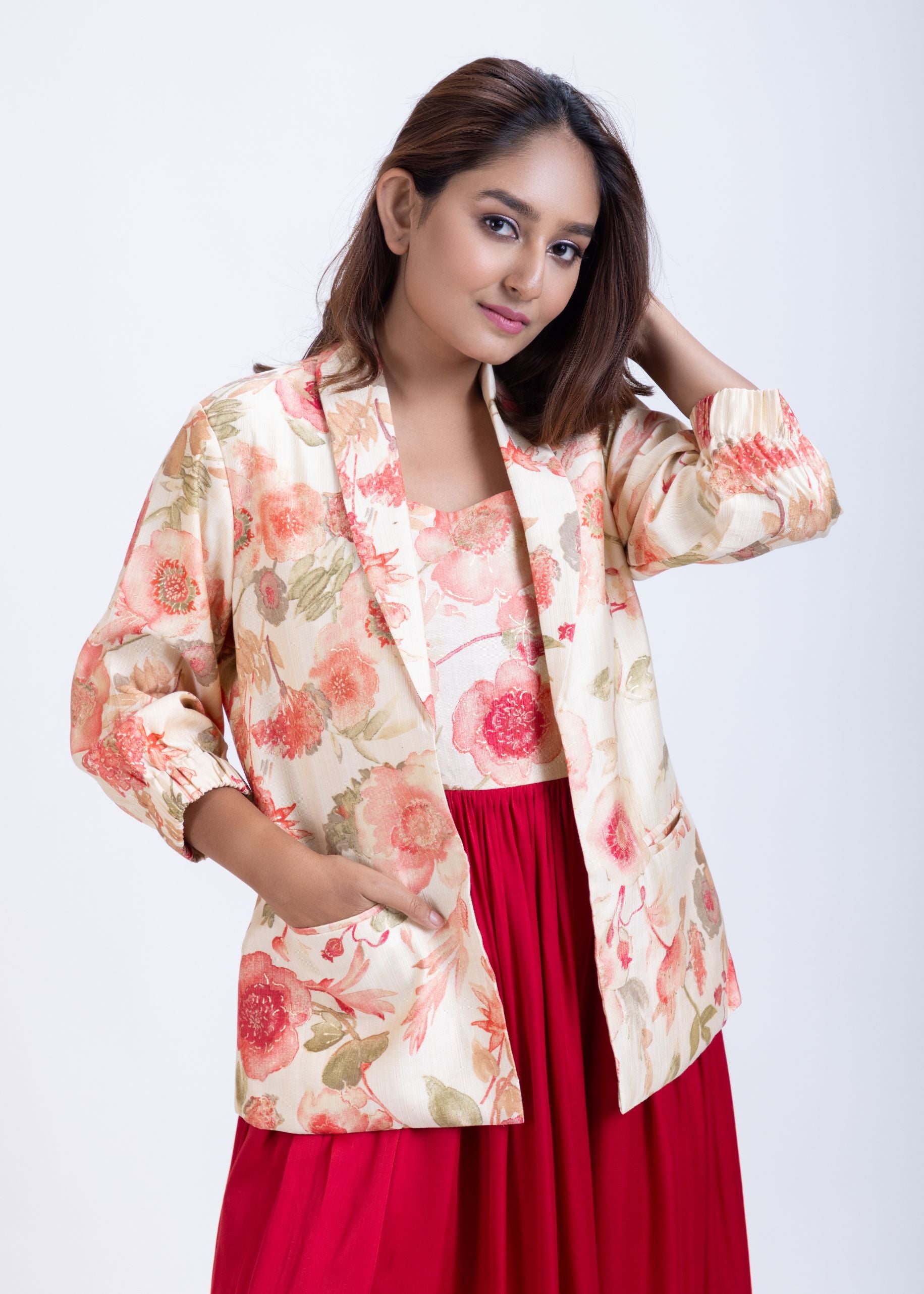Off White & Maroon Printed Jacket Dress Close Up
