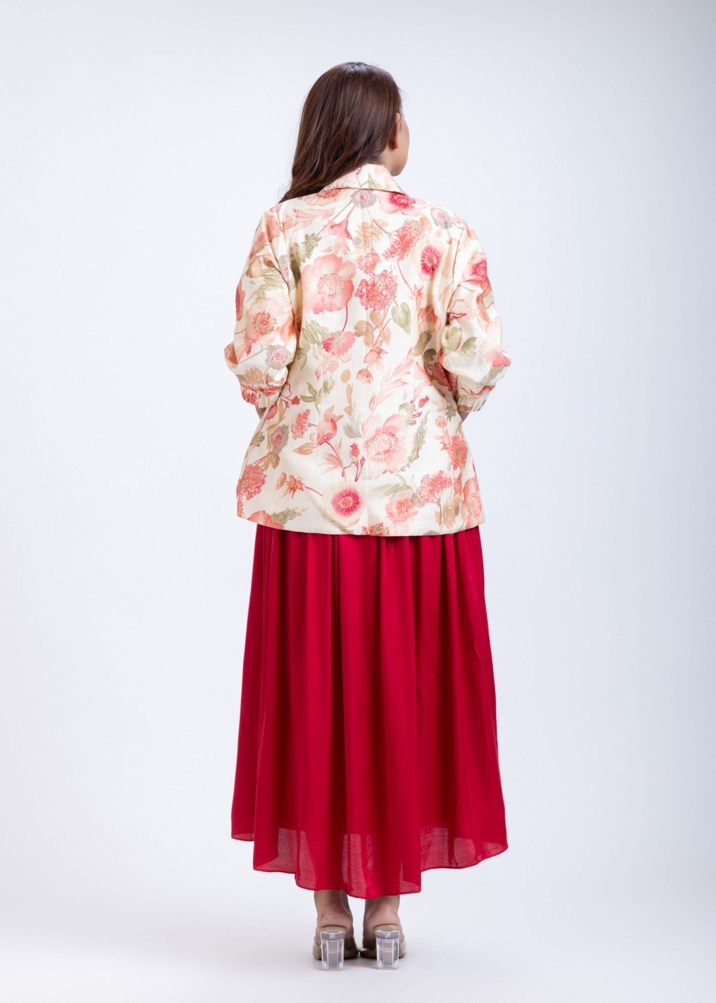 Off White & Maroon Printed Jacket Dress - Anvi Couture