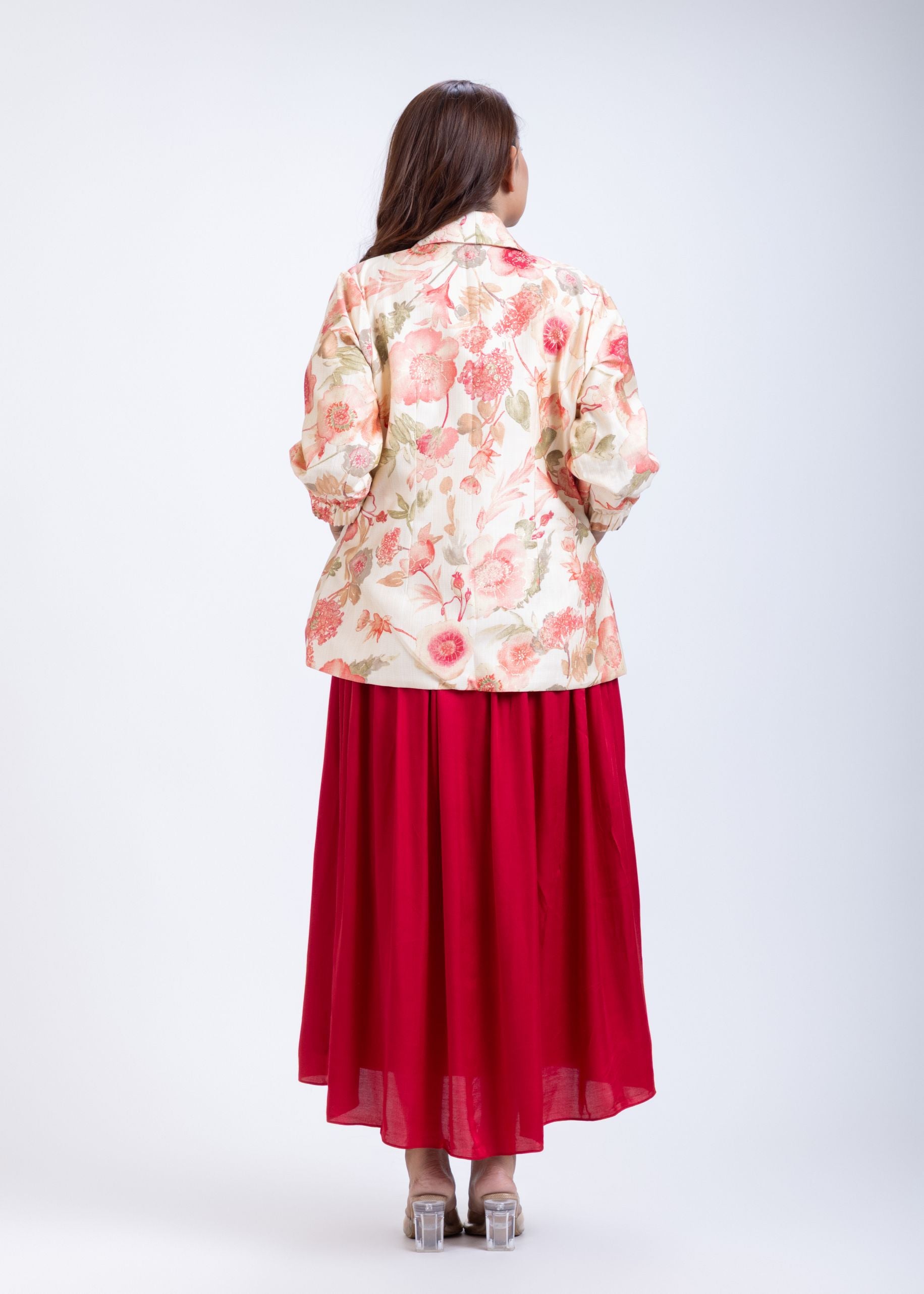 Off White & Maroon Printed Jacket Dress Back
