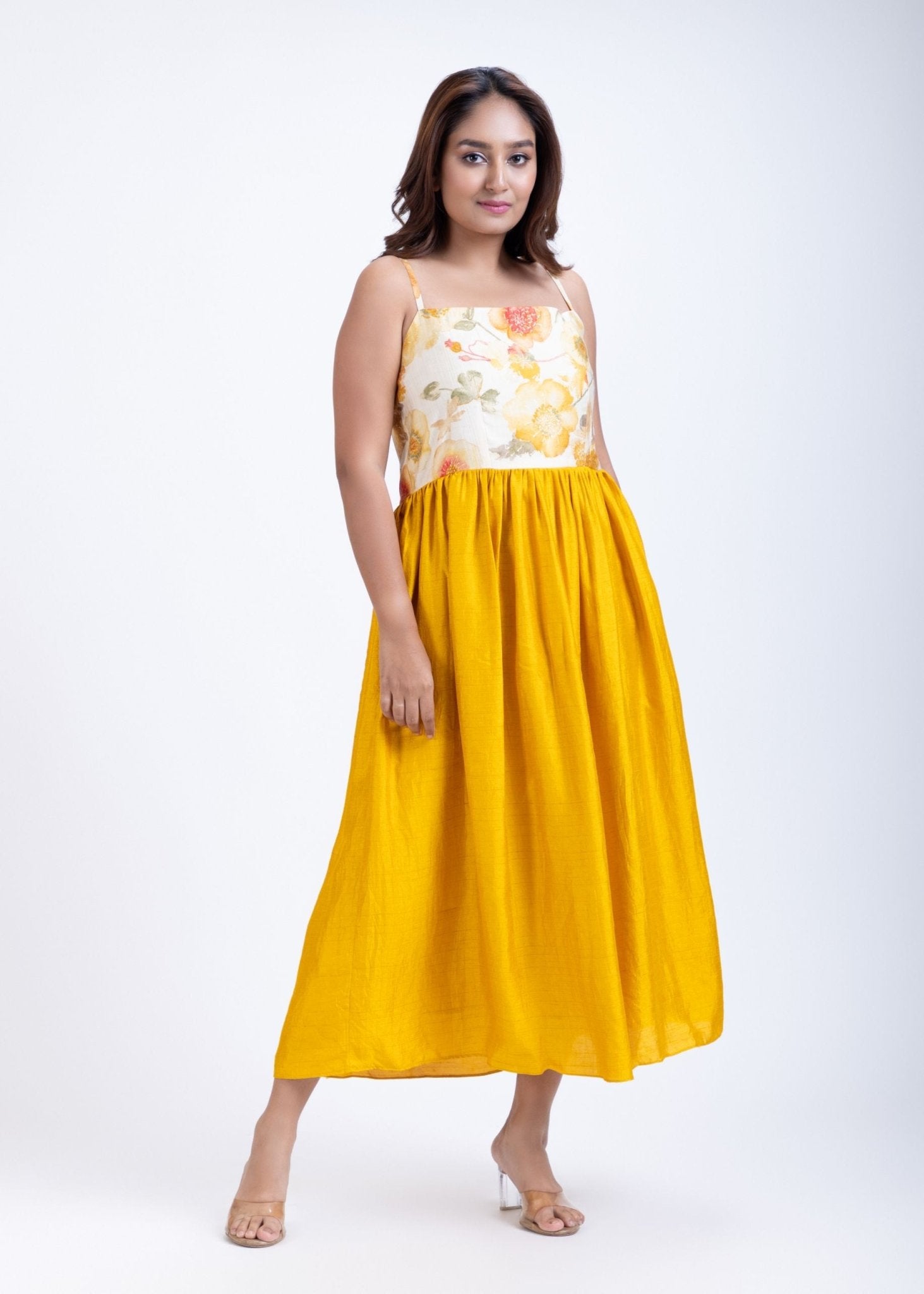 Off White & Yellow Printed Jacket Dress - Anvi Couture