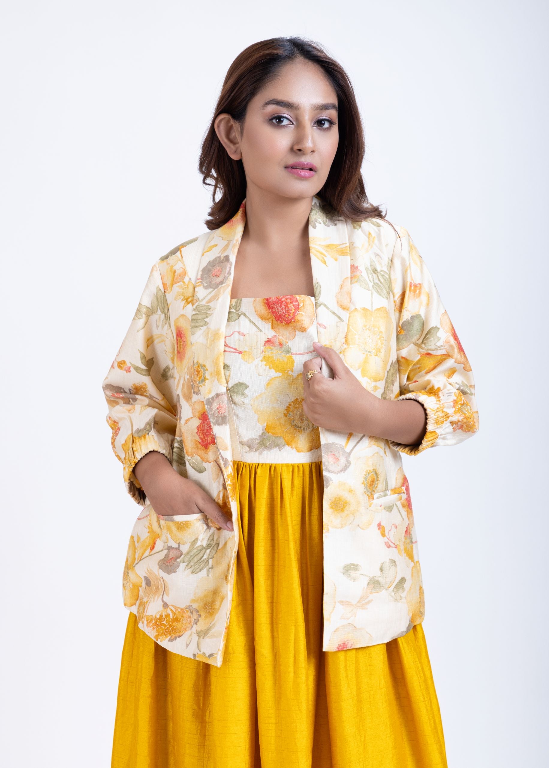 Off White & Yellow Printed Jacket Dress close up
