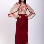 Off White and Maroon Crepe Drape Skirt Set With Hand Embroidered Work full