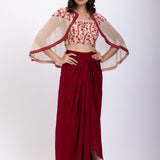 Off White and Maroon Crepe Drape Skirt Set With Hand Embroidered Work full
