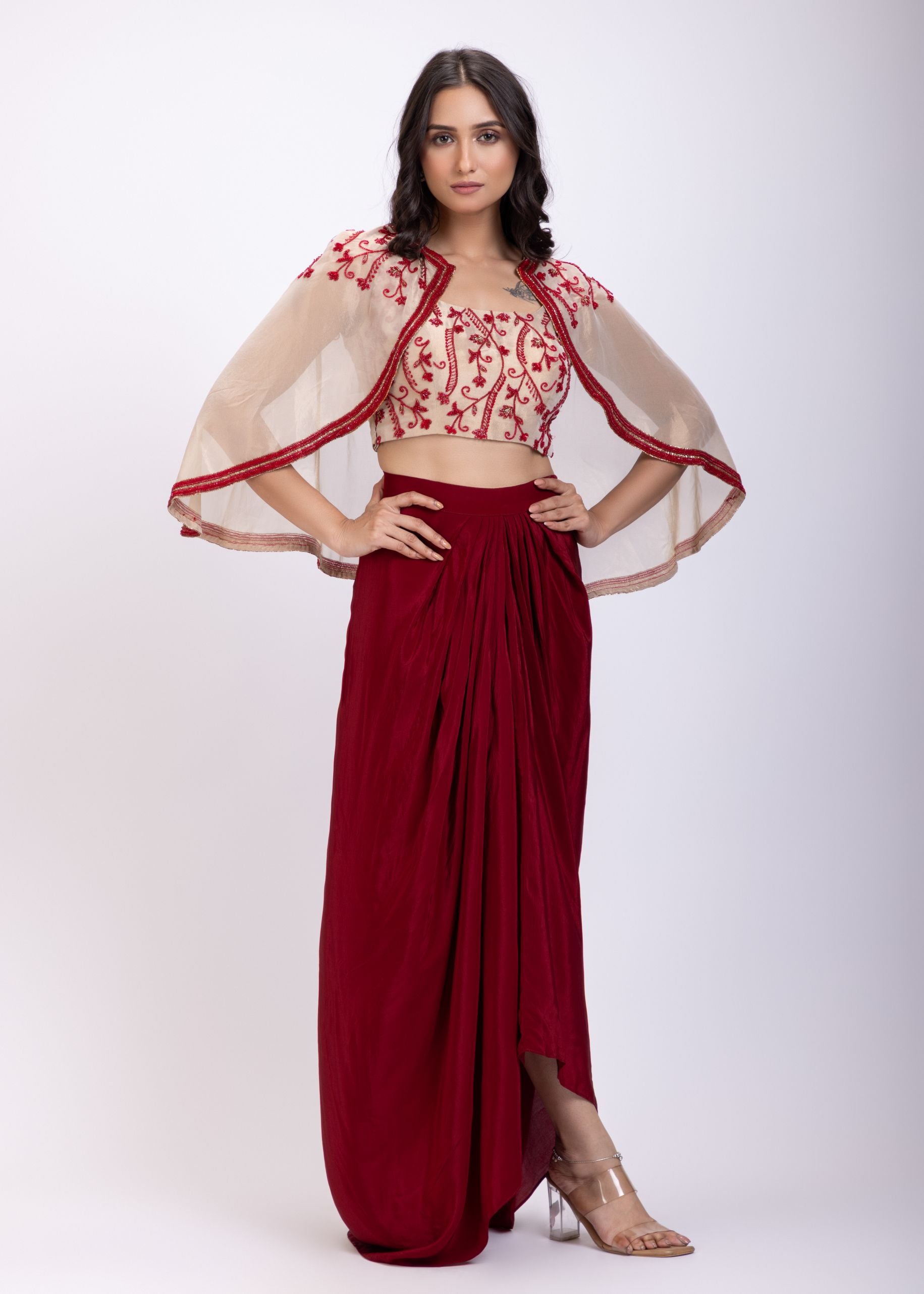 Off White and Maroon Crepe Drape Skirt Set With Hand Embroidered Work full