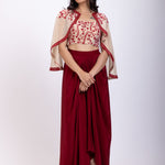 Off White and Maroon Crepe Drape Skirt Set With Hand Embroidered Work front