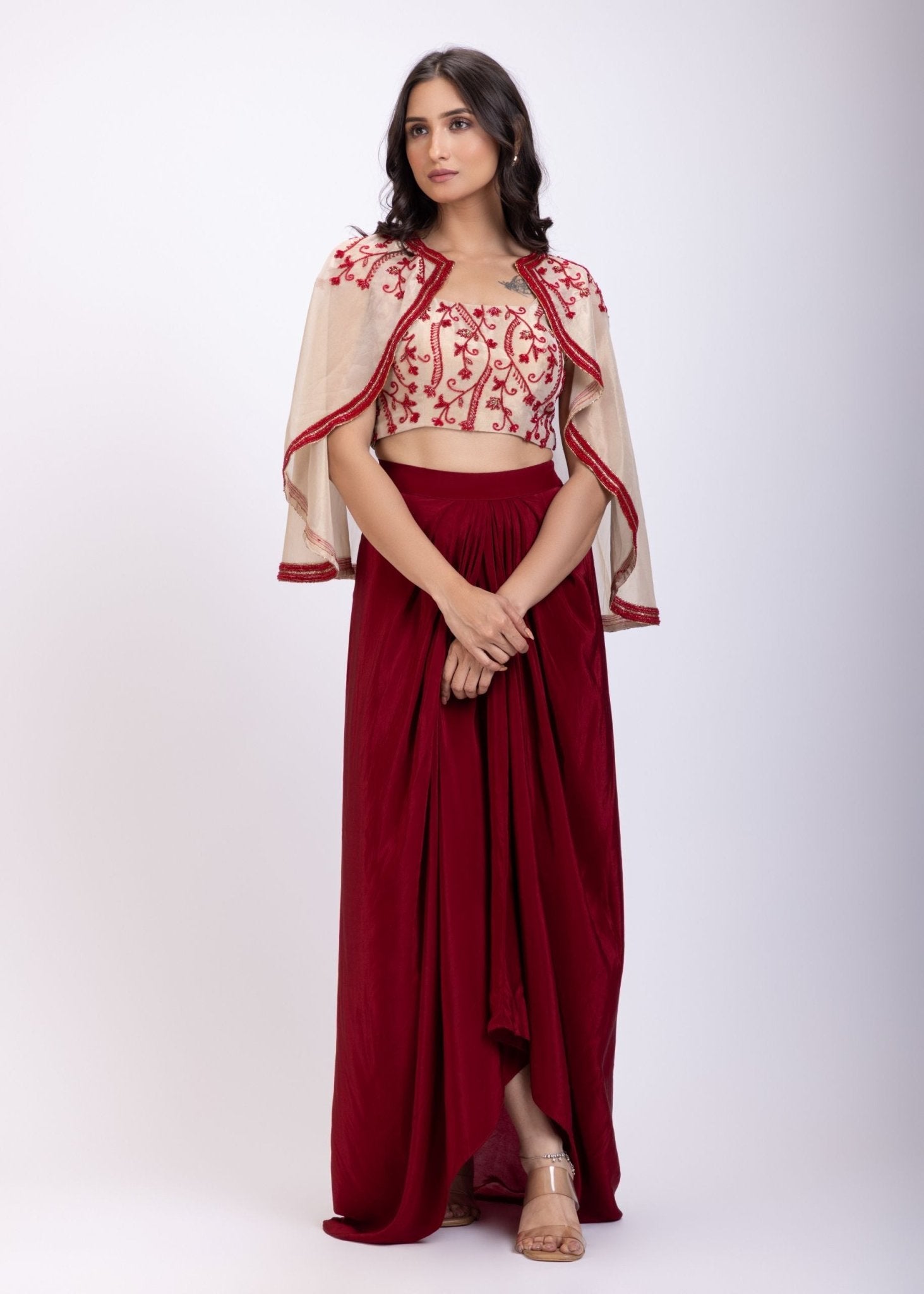 Off White and Maroon Crepe Drape Skirt Set With Hand Embroidered Work - Anvi Couture