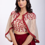 Off White and Maroon Crepe Drape Skirt Set With Hand Embroidered Work close up