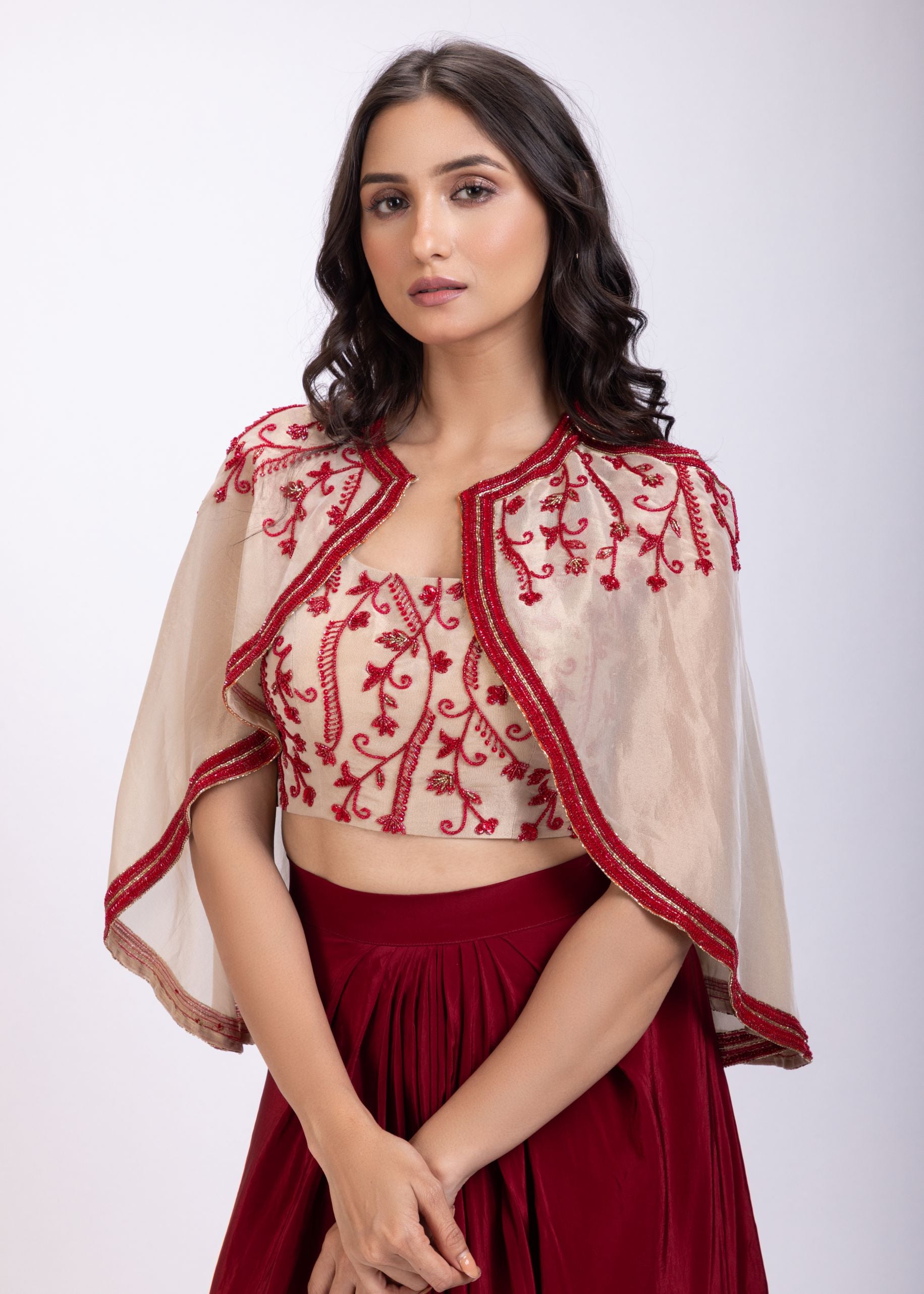 Off White and Maroon Crepe Drape Skirt Set With Hand Embroidered Work close up