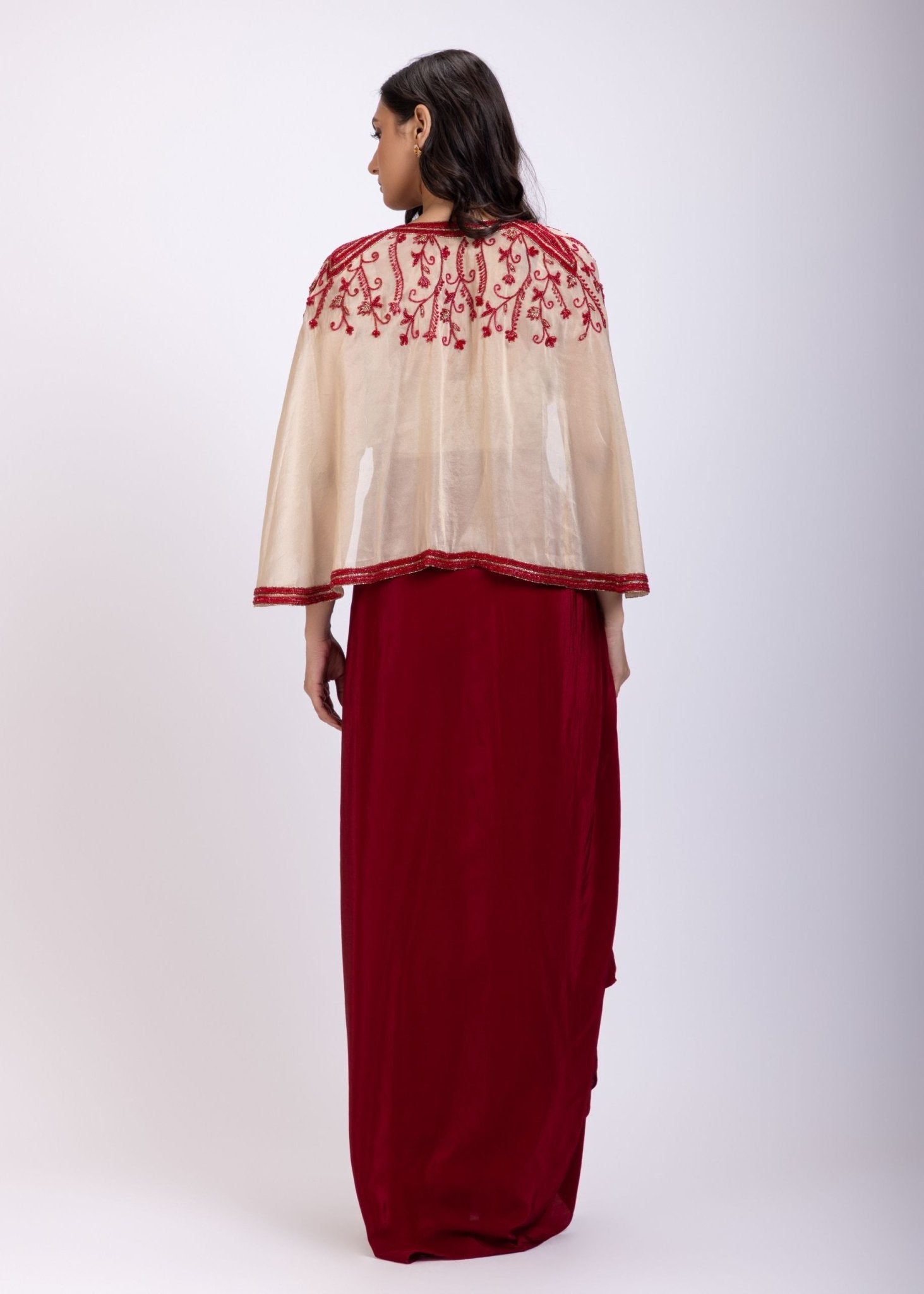 Off White and Maroon Crepe Drape Skirt Set With Hand Embroidered Work - Anvi Couture