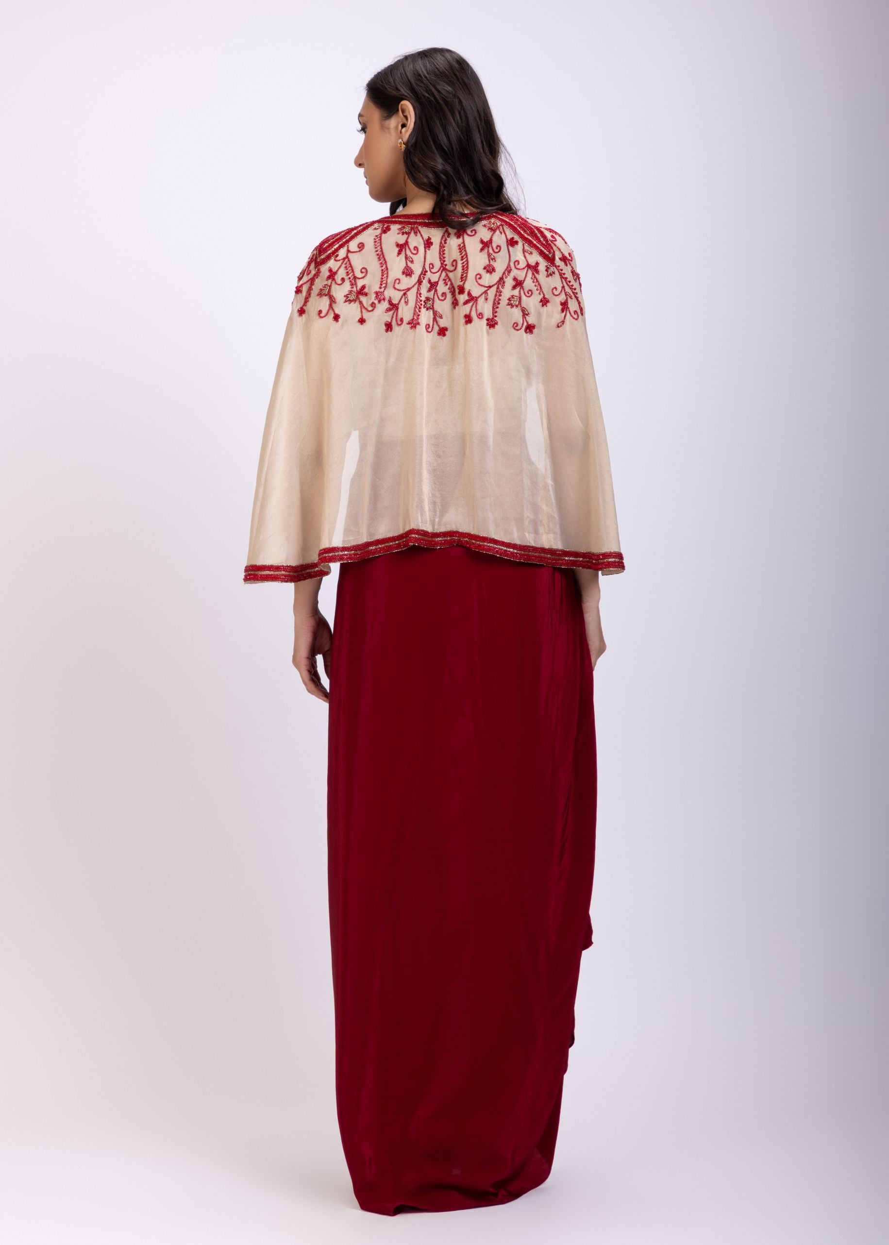 Off White and Maroon Crepe Drape Skirt Set With Hand Embroidered Work back