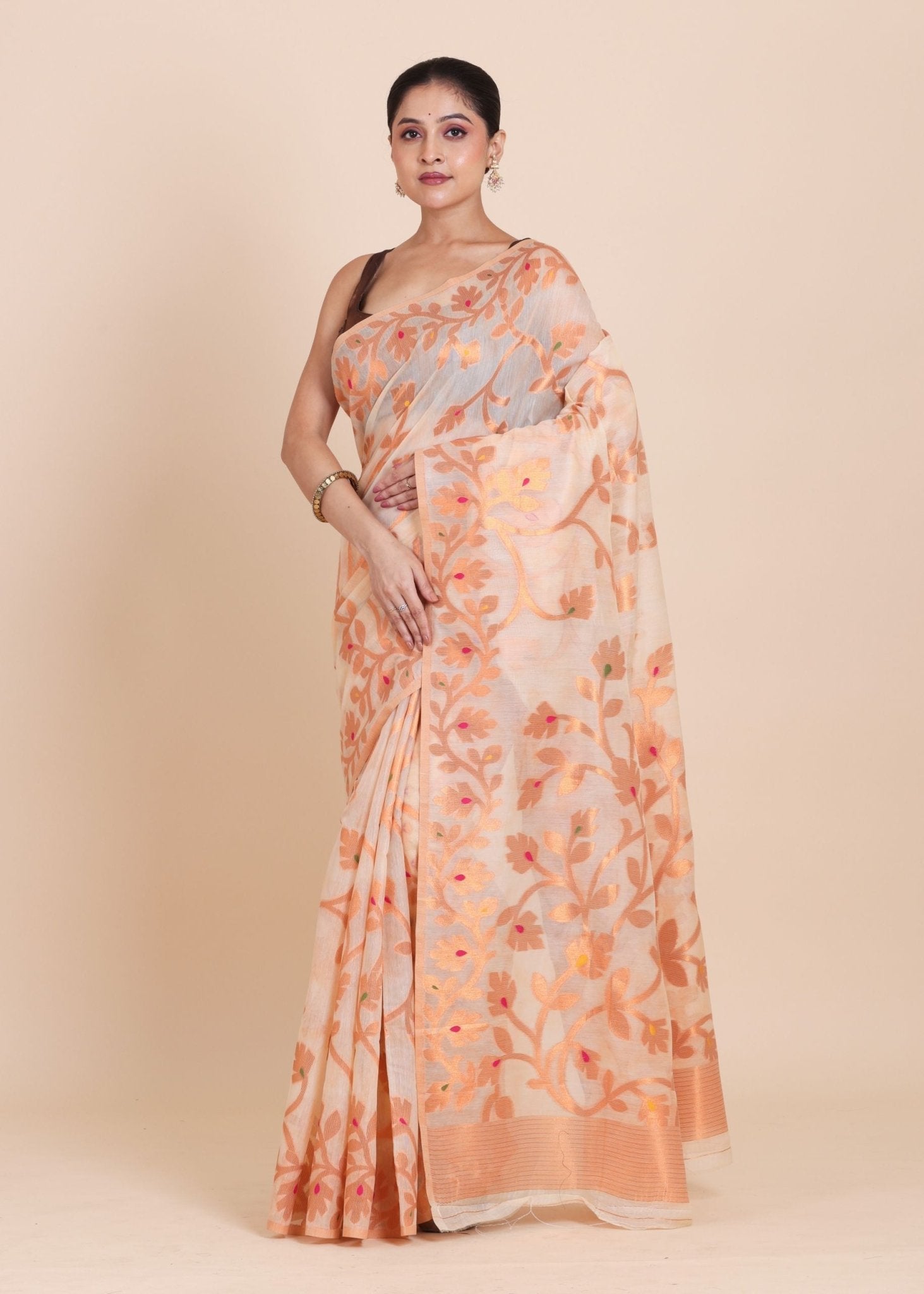 Off white and Copper Jamdani Saree - Anvi Couture