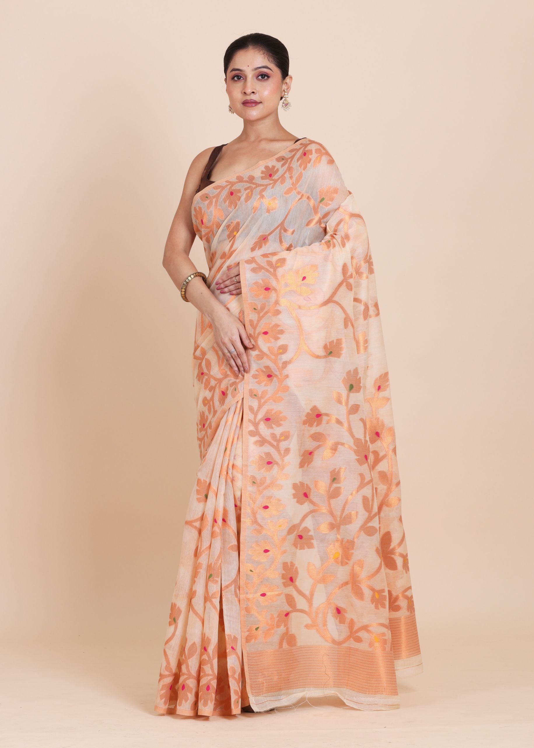 Off white and Copper Jamdani Saree Full