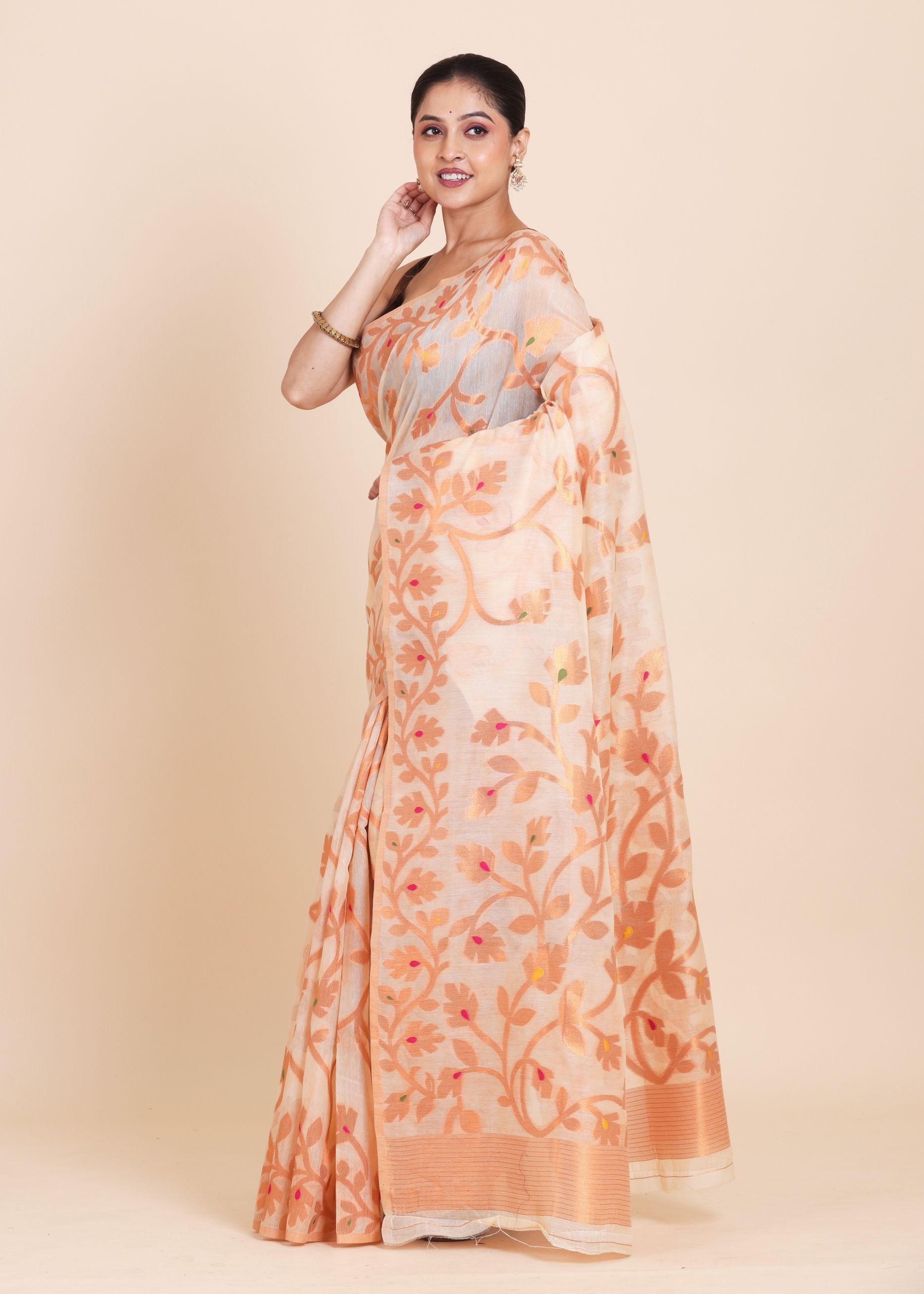 Off white and Copper Jamdani Saree Side
