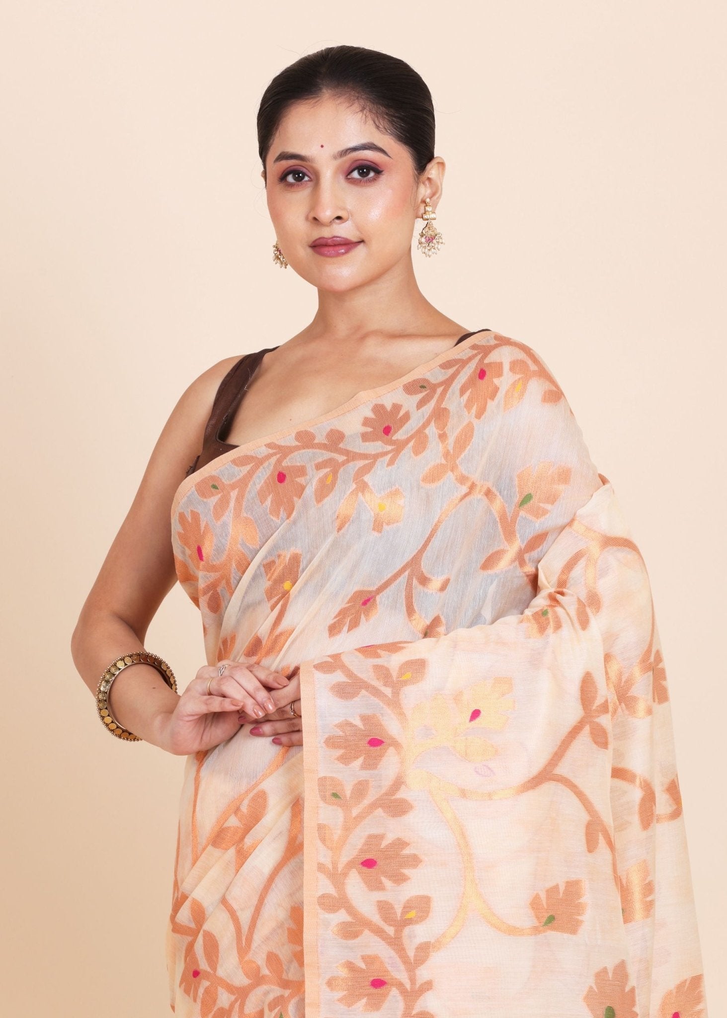 Off white and Copper Jamdani Saree - Anvi Couture