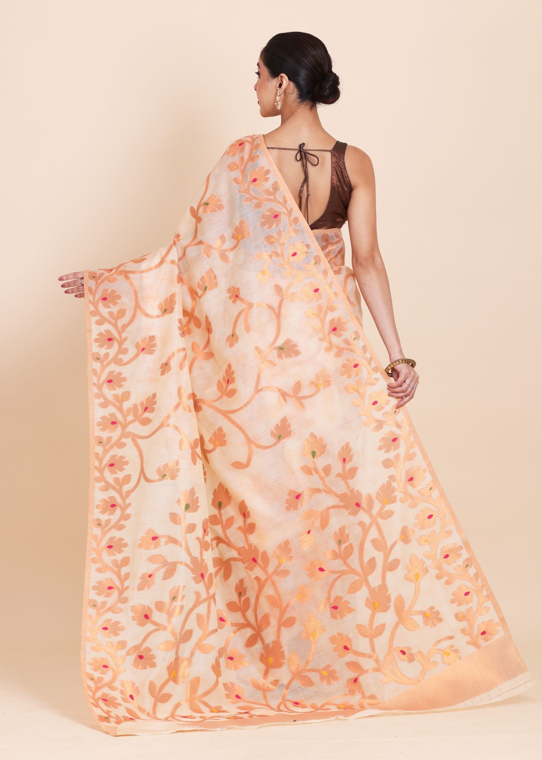 Off white and Copper Jamdani Saree Back