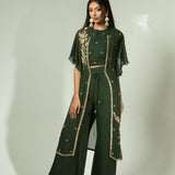 Olive Green Pant Set with Embroidered Jacket - Anvi Couture