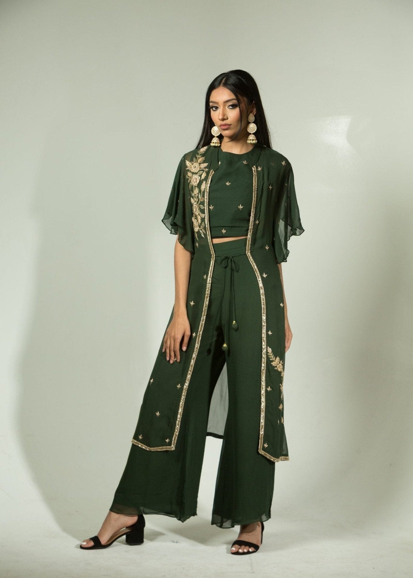 Olive Green Pant Set with Embroidered Jacket - Anvi Couture