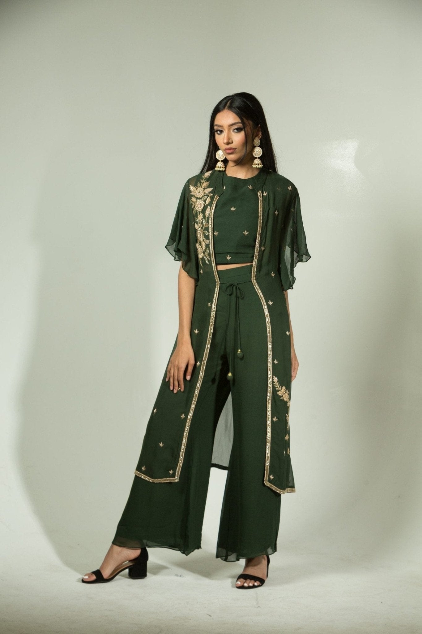 Olive Green Pant Set with Embroidered Jacket - Anvi Couture