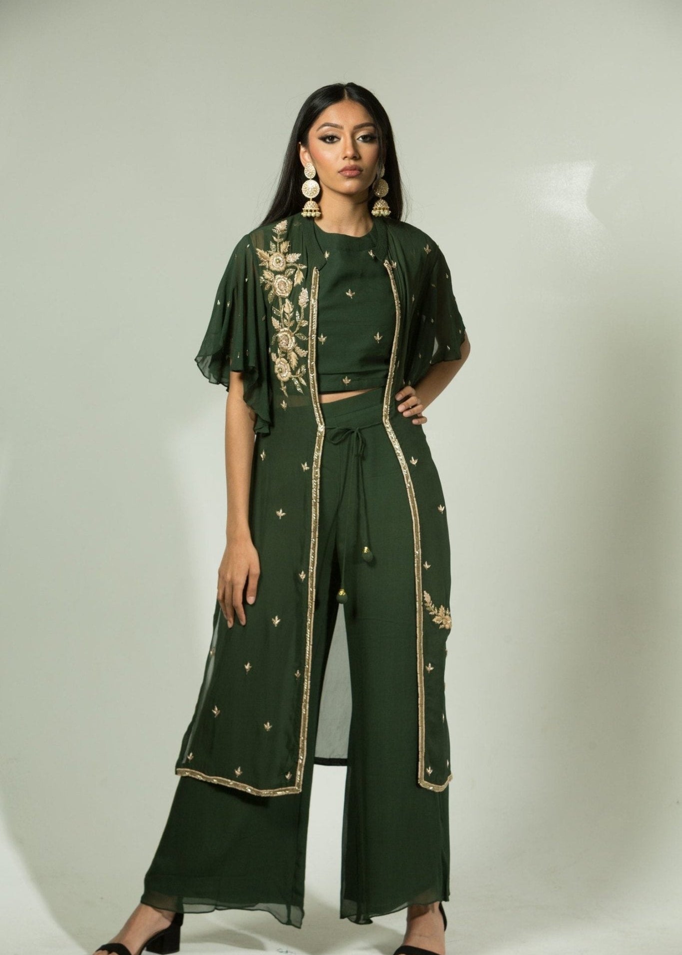 Olive Green Pant Set with Embroidered Jacket - Anvi Couture