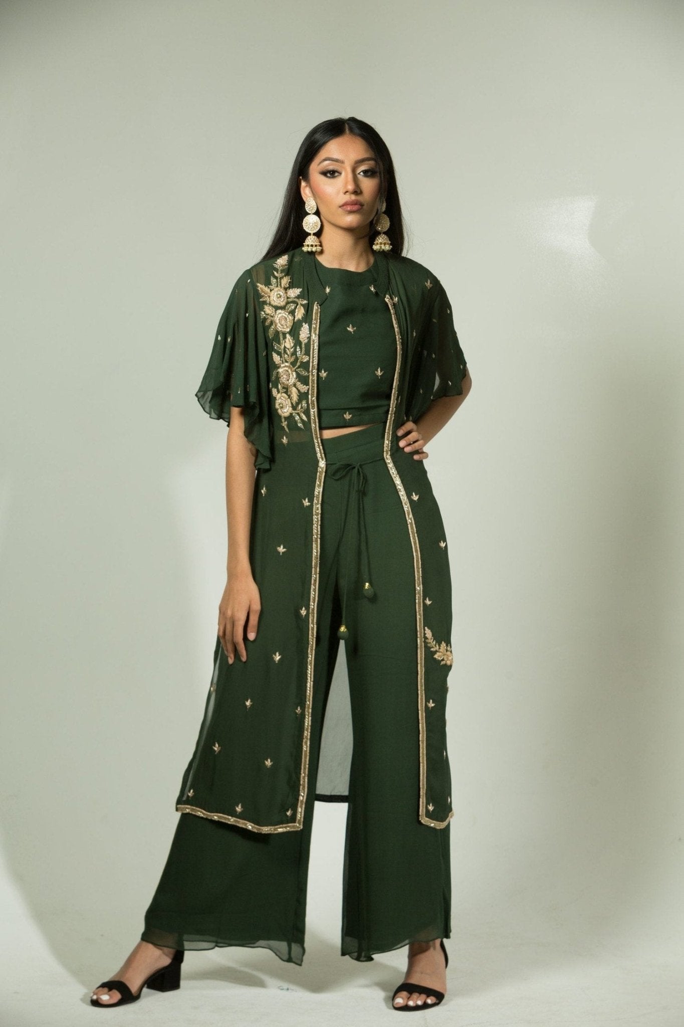 Olive Green Pant Set with Embroidered Jacket - Anvi Couture