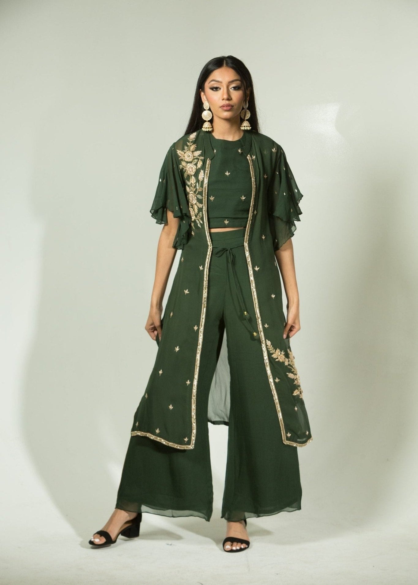 Olive Green Pant Set with Embroidered Jacket - Anvi Couture