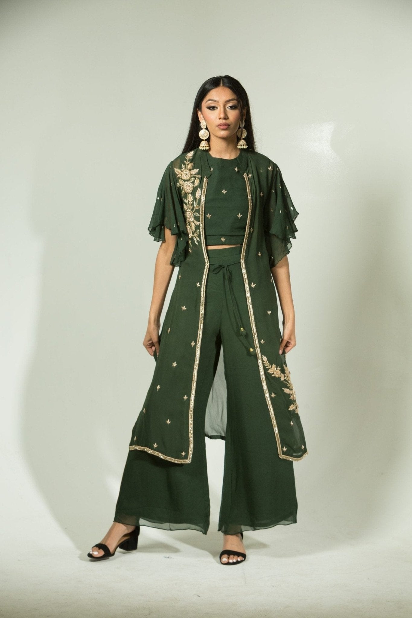 Olive Green Pant Set with Embroidered Jacket - Anvi Couture