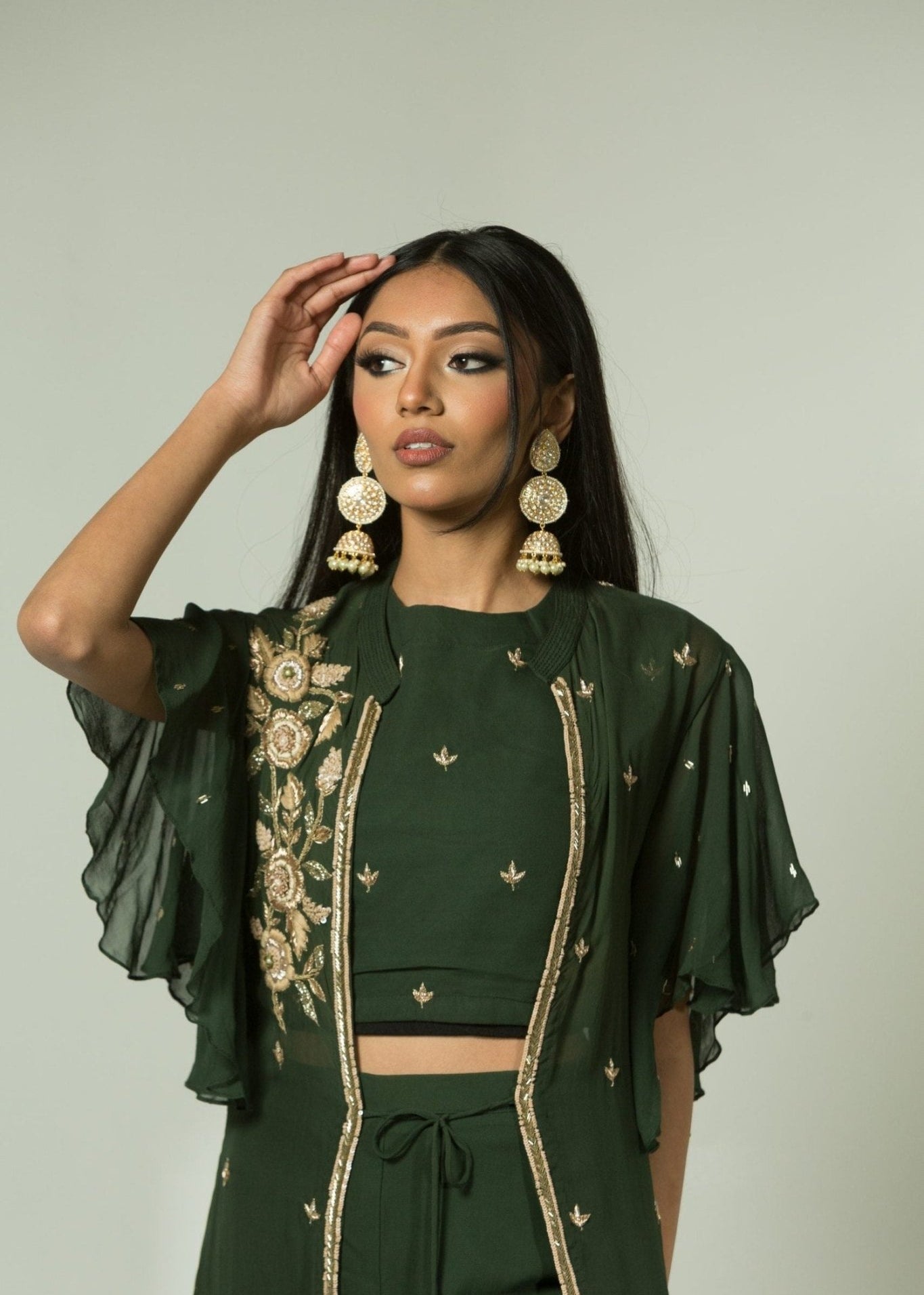 Olive Green Pant Set with Embroidered Jacket - Anvi Couture