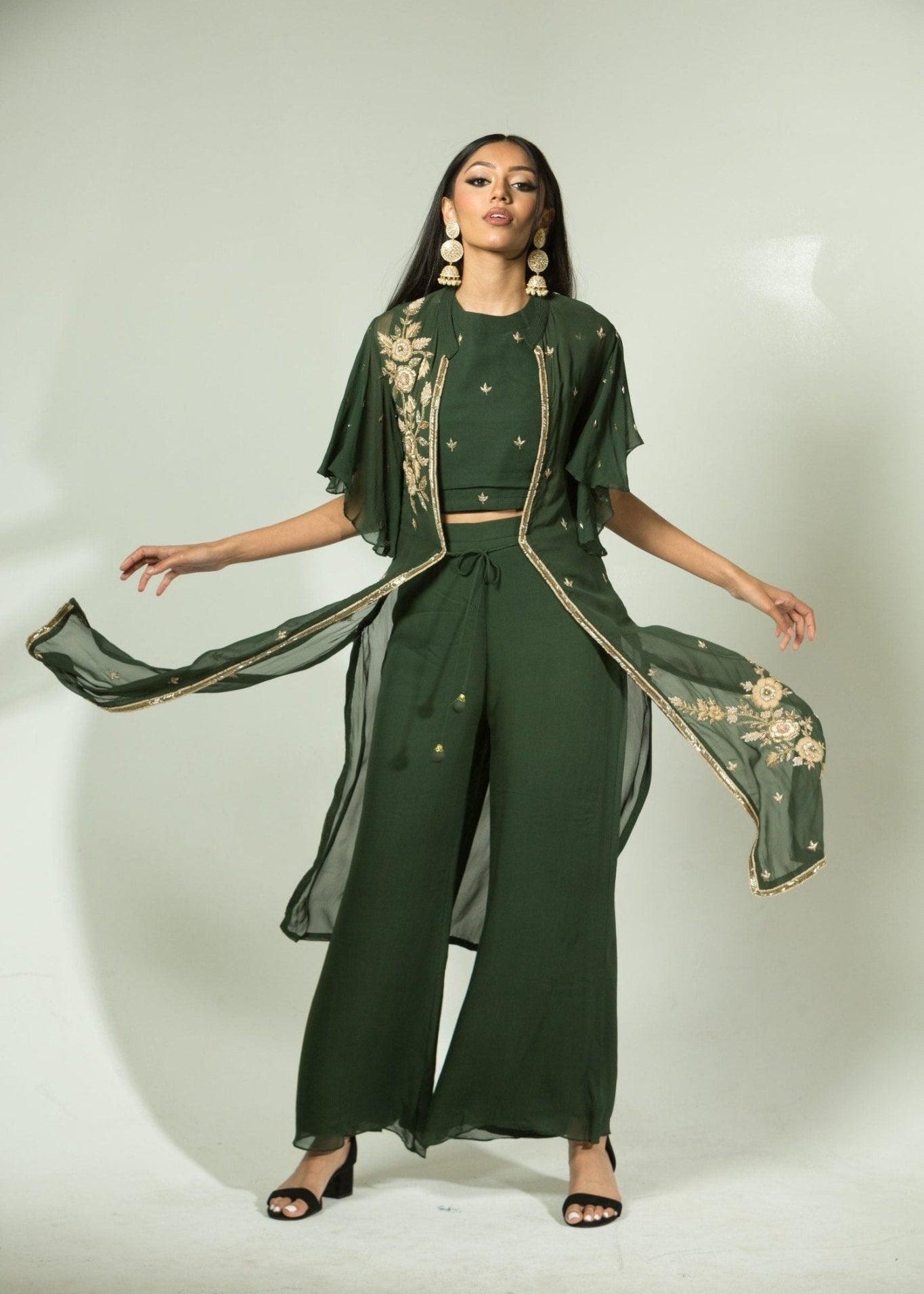 Olive Green Pant Set with Embroidered Jacket - Anvi Couture