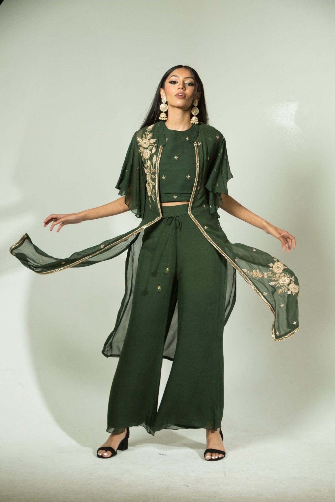 Olive Green Pant Set with Embroidered Jacket - Anvi Couture