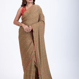 Olive Green Floral Printed Saree Set with Red Embroidered Sleeveless Blouse Full
