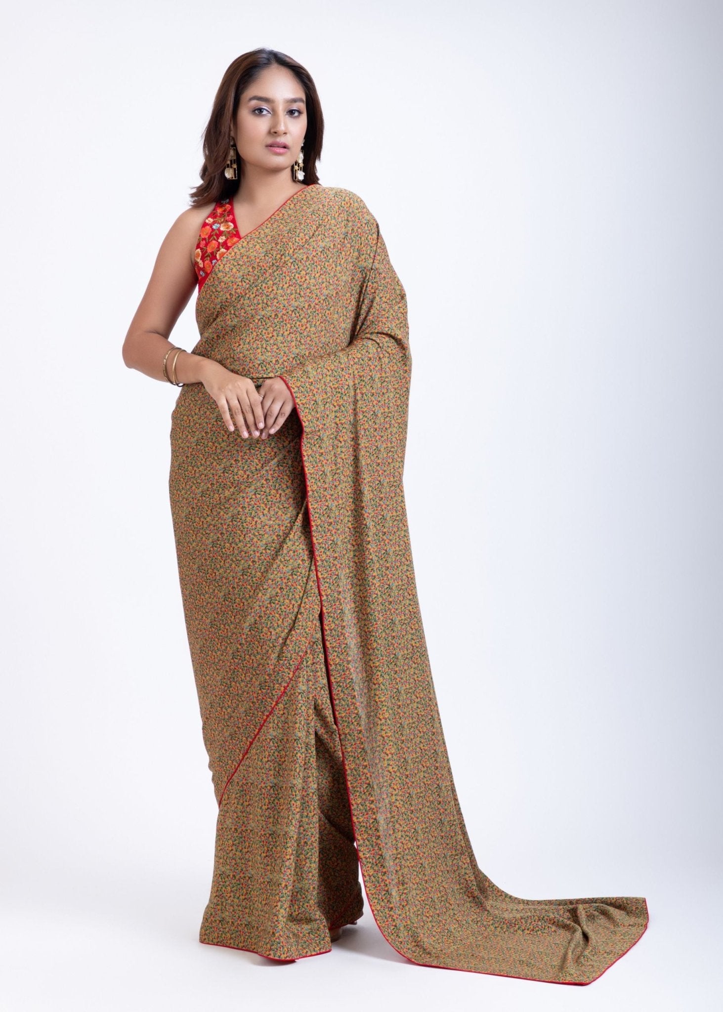 Olive Green Floral Printed Saree Set with Red Embroidered Sleeveless Blouse - Anvi Couture