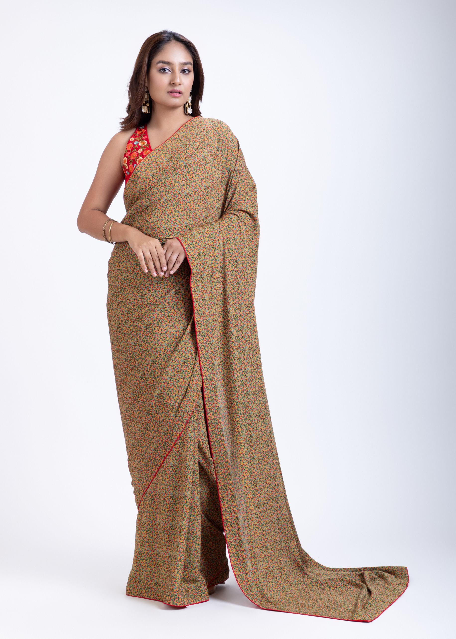 Olive Green Floral Printed Saree Set with Red Embroidered Sleeveless Blouse Full
