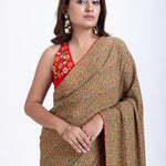 Olive Green Floral Printed Saree Set with Red Embroidered Sleeveless Blouse Front
